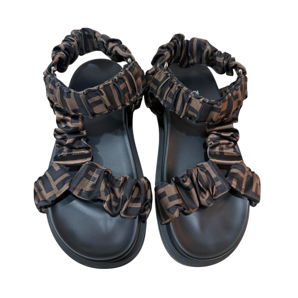 Fendi Feel FF Satin Ruched Dad Sandals EU 37 Brown Logo